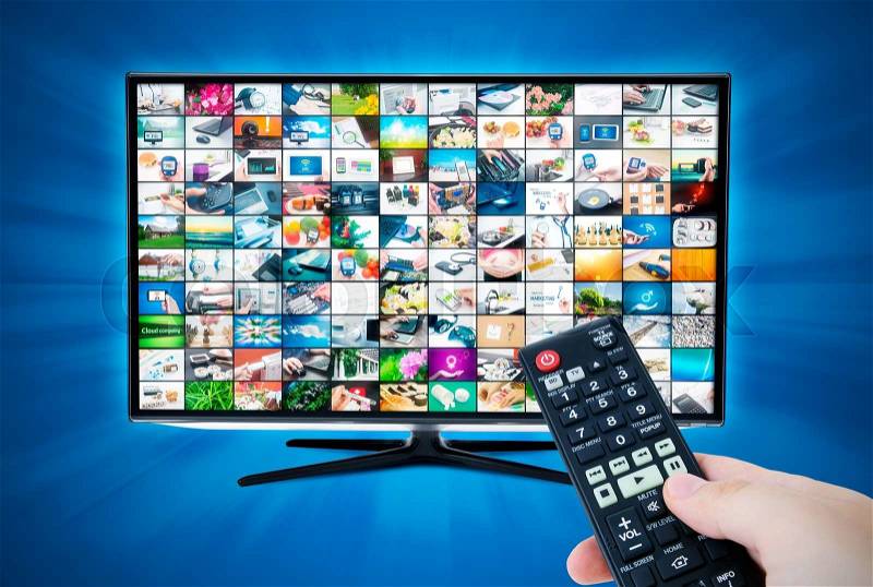 Widescreen high definition TV screen with video gallery. Remote control in hand, stock photo