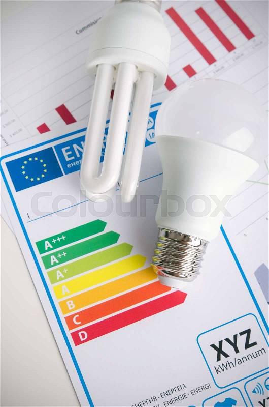 LED light bulb on energy efficiency chart. Economic concept, stock photo