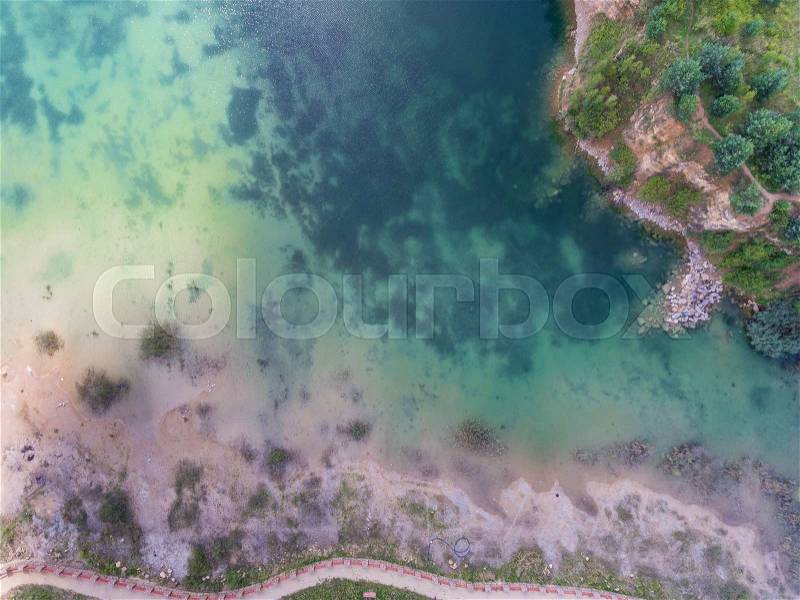 Blue laggon see from above in old sand mine in Poland, stock photo