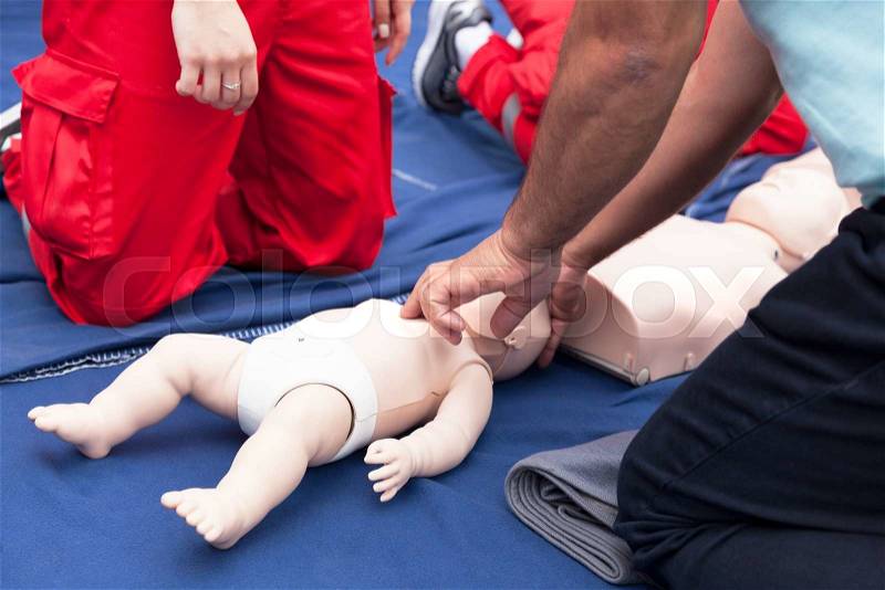 Cardiopulmonary resuscitation - CPR. Baby CPR dummy first aid training, stock photo