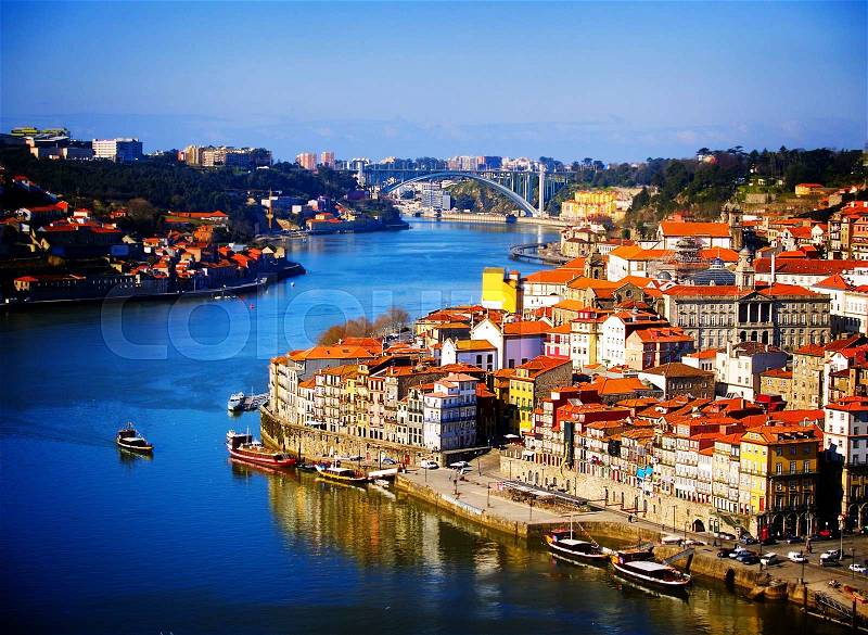 Hill with old historical town of Porto , Portugal, retro toned, stock photo