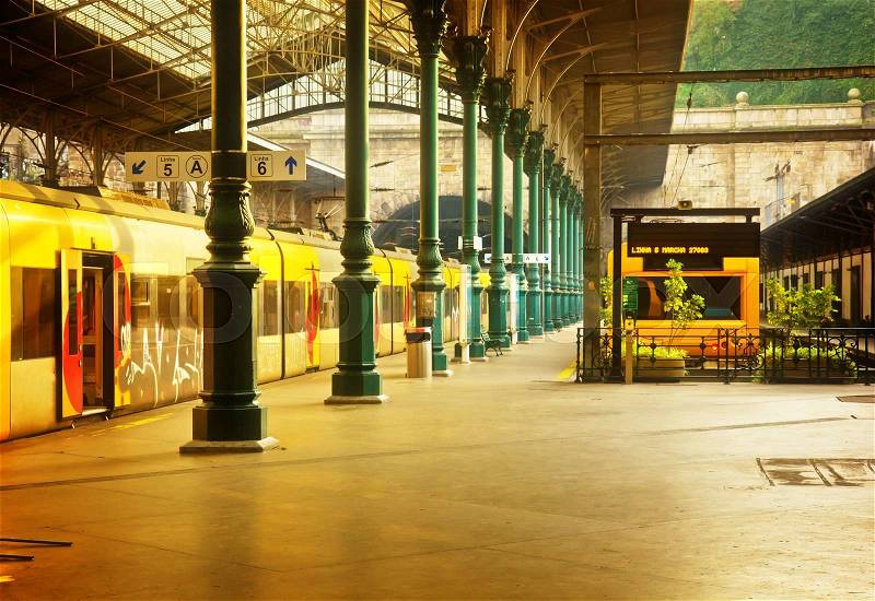 Old railway station Sao Bento, Porto, Portugal, retro toned, stock photo