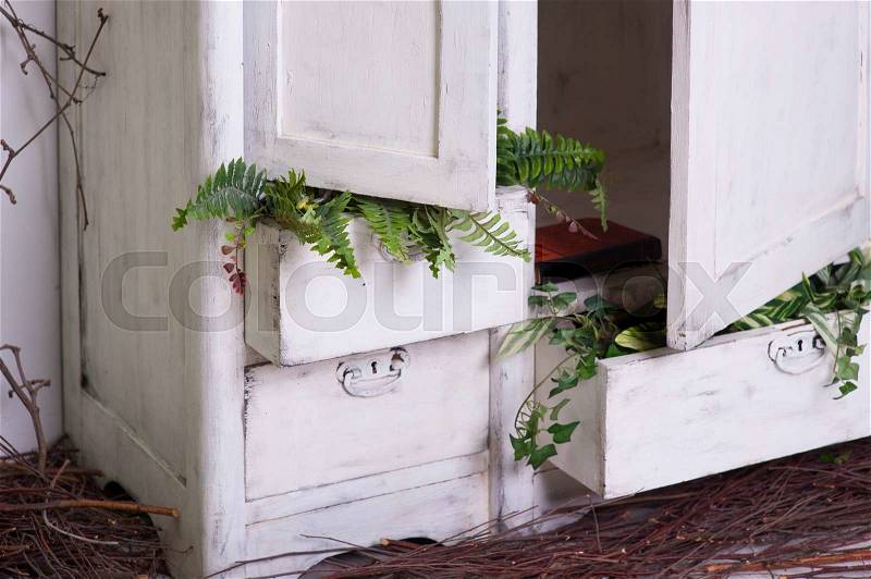 Old decorated wooden white cupboard with plants, stock photo