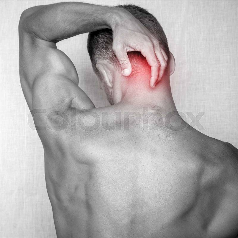 Sporty young adult man with pain in the neck. Square black and white stylized photo with red local pain spot, stock photo
