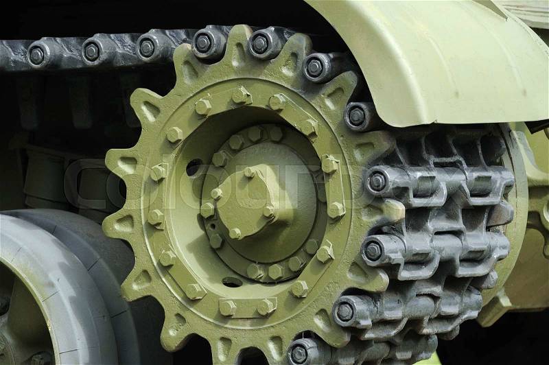 A tank caterpillar tread with wheels, stock photo