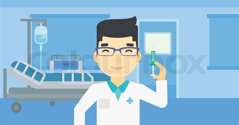 An asian male doctor holding medical injection syringe. Doctor with syringe in hospital ward. Doctor holding a syringe ready for injection. Vector flat design illustration. Horizontal layout, vector