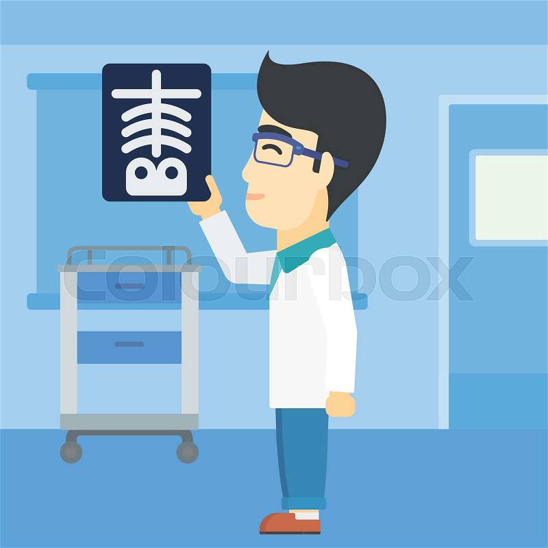 An asian doctor examining a radiograph. Doctor looking at a chest radiograph in the medical office. Doctor observing a skeleton radiograph. Vector flat design illustration. Square layout, vector