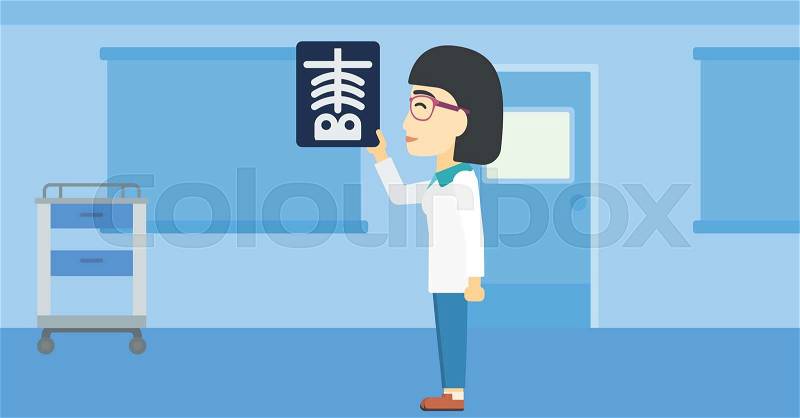 An asian female doctor examining a radiograph. Doctor looking at a chest radiograph in the medical office. Doctor observing a skeleton radiograph. Vector flat design illustration. Horizontal layout, vector