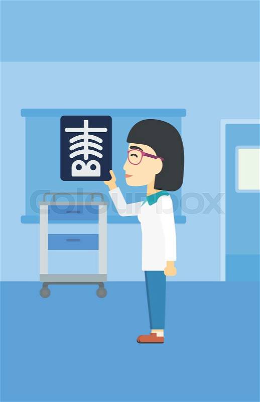 An asian female doctor examining a radiograph. Doctor looking at a chest radiograph in the medical office. Doctor observing a skeleton radiograph. Vector flat design illustration. Vertical layout, vector