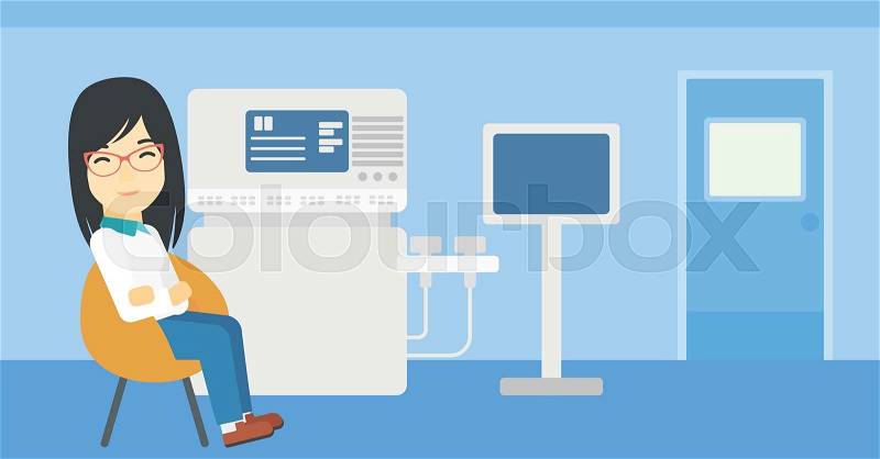 An asian female ultrasound doctor sitting with arms crossed. Female doctor sitting near modern ultrasound equipment at medical office. Vector flat design illustration. Horizontal layout, vector