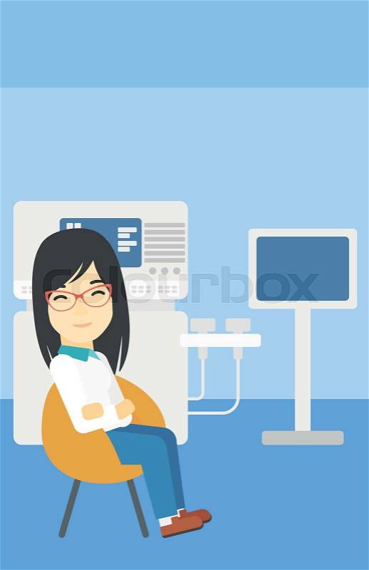 An asian female ultrasound doctor sitting with arms crossed. Female doctor sitting near modern ultrasound equipment at medical office. Vector flat design illustration. Vertical layout, vector