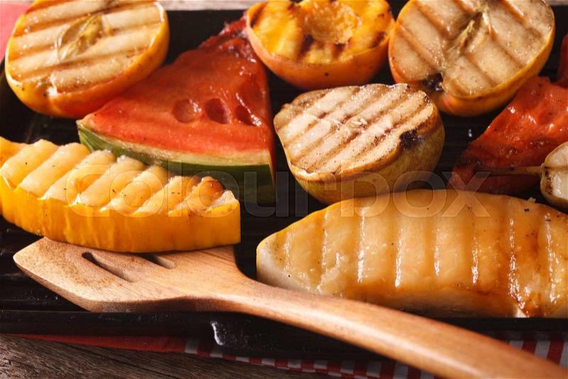 Fresh fruits apple, melon, pear, watermelon and peach fried grilled macro. horizontal , stock photo