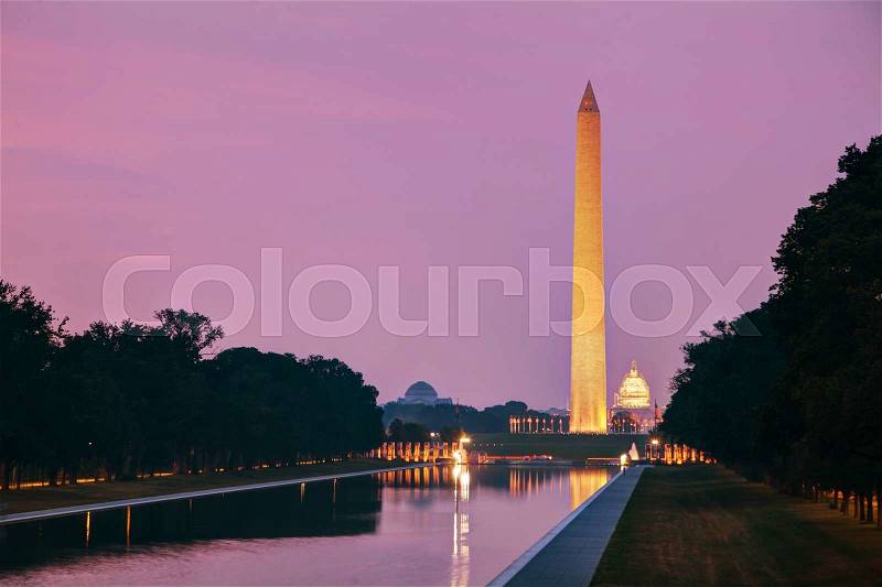Washington Memorial monument in Washington, DC in the evening, stock photo