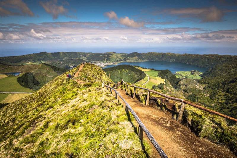 Walking path leading to a view on the lakes of Sete Cidades, Azores, Portugal, stock photo