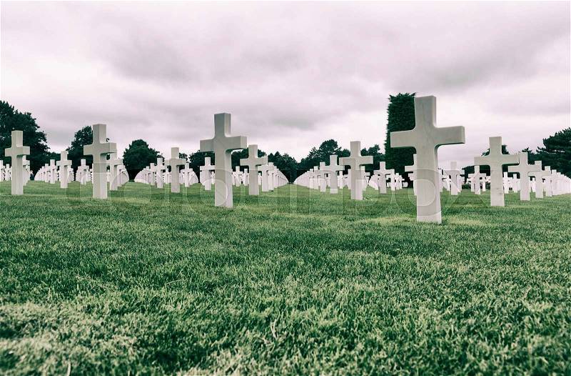 White crosses in American Cemetery, Coleville sur-Mer, Omaha Beach, Normandy, France, stock photo