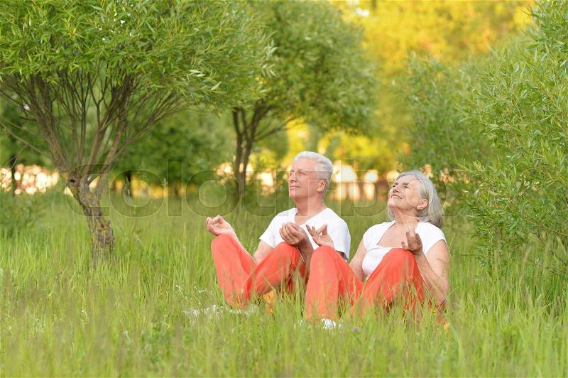 Happy fit Senior couple meditating in park, stock photo