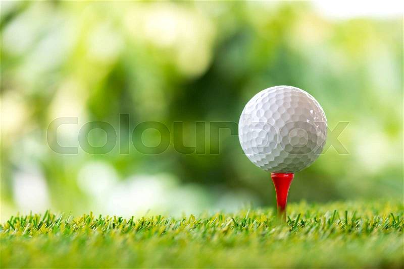Golf ball on tee in golf course, stock photo