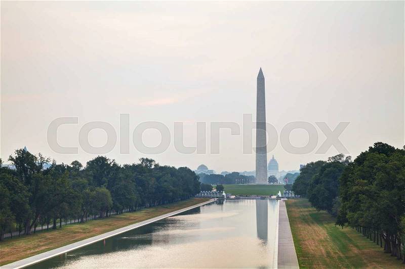 Washington Memorial monument in Washington, DC in the evening, stock photo