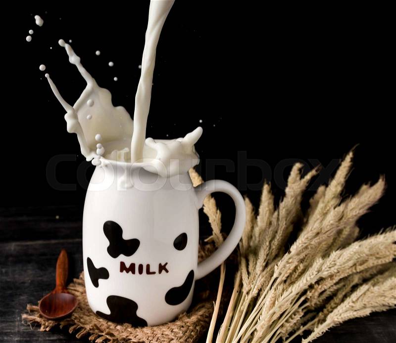 Pouring milk in the glass with cow camouflage on dark wood, stock photo