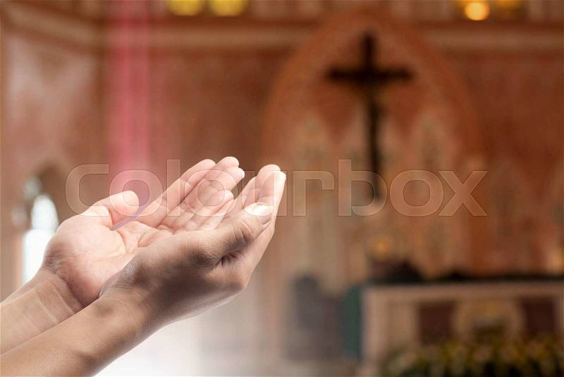 Human open empty hand with palms up(Praying Hand) on blurred church  interior background, stock photo - Stock Image - Everypixel