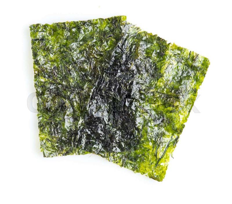 Japanese food nori dry seaweed sheets on white background, stock photo