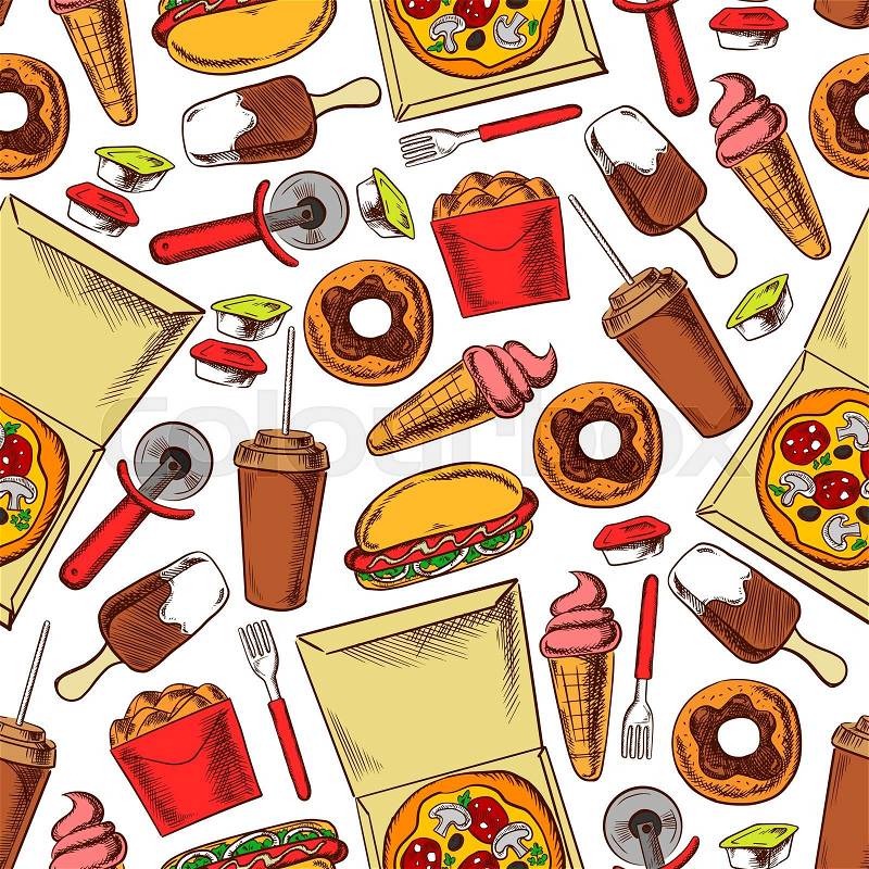Fast food snacks, drinks and desserts. Seamless pattern background. Wallpaper with color sketch icons of hot dog, pizza, ice cream, donut, coffee, chicken wings and legs basket, vector