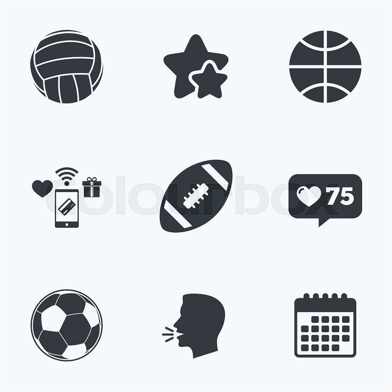 Sport balls icons. Volleyball, Basketball, Soccer and American football signs. Team sport games. Flat talking head, calendar icons. Stars, like counter icons. Vector, vector