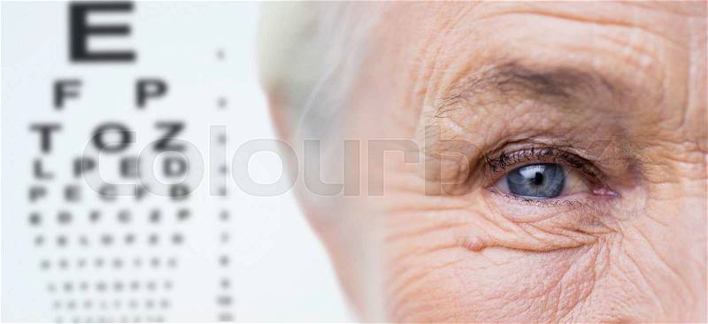 Age, vision, eyesight and people concept - close up of senior woman face and eye over chart background, stock photo