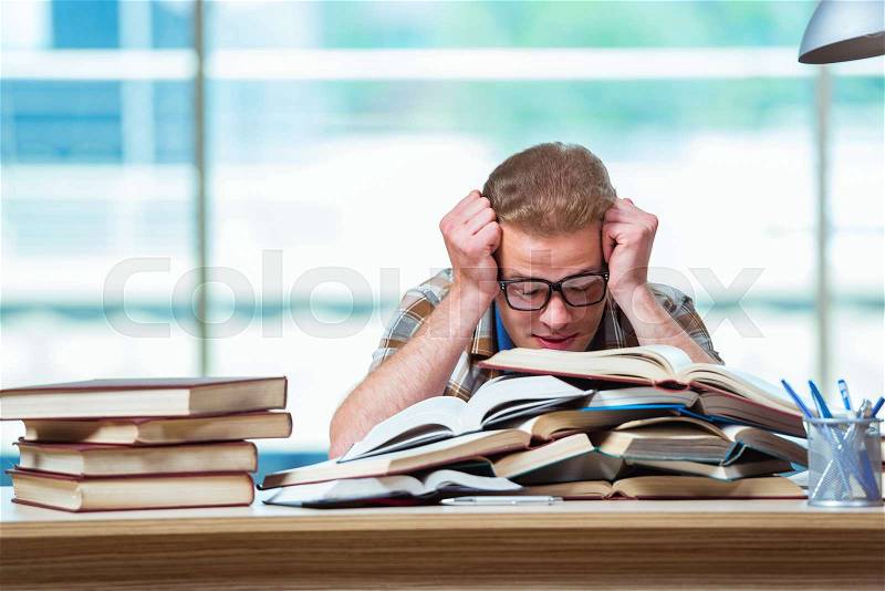 The young male student preparing for high school exams, stock photo