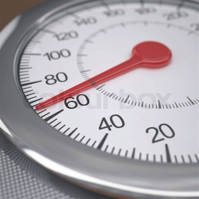 Weight scale measuring weight gain above 60kg. Depth of field on 60 kg, stock photo