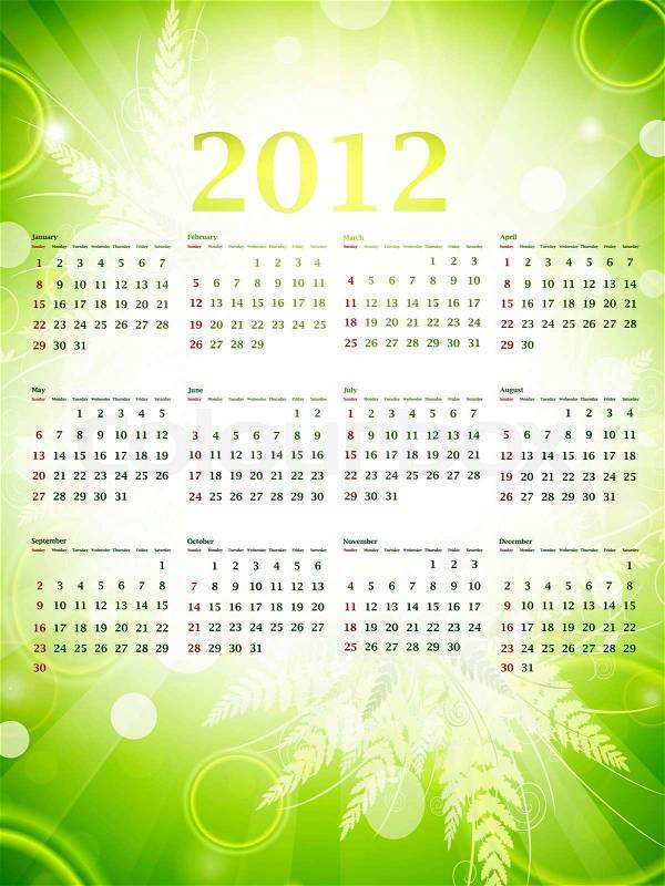 Illustration of 2012 eco green wall calendar (size 11x17 inch) with nature decoration, stock photo