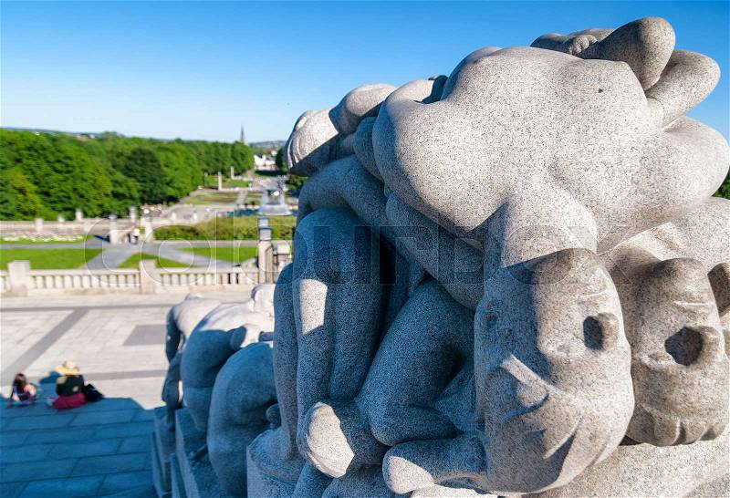 OSLO, NORWAY - JUNE 2009: Statues in Vigeland park in Oslo, Norway on June 2009. The park covers 80 acres and features 212 bronze and granite sculptures created by Gustav Vigeland, stock photo