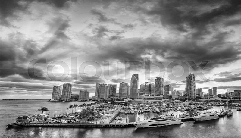 Black and white sunset skyline of Downtown Miami, Florida, stock photo