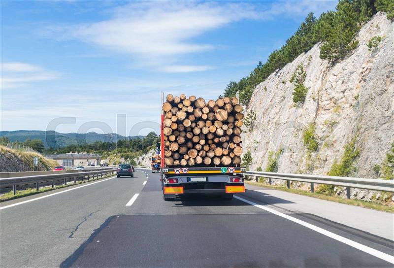 Truck carrying wood on highway. Wood processing industry, stock photo