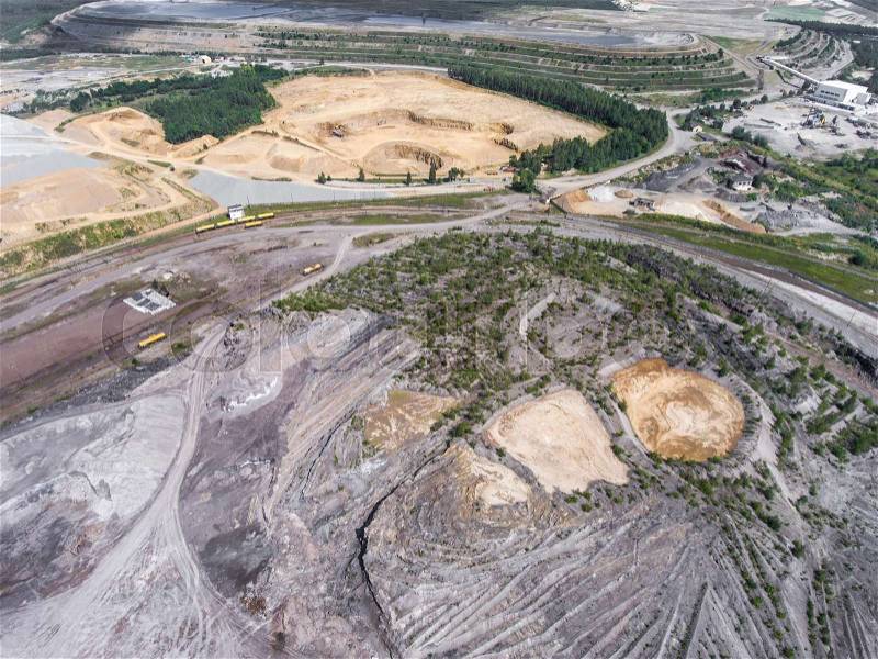 Aerial view over the building materials processing factory. Sand mine. View from above, stock photo