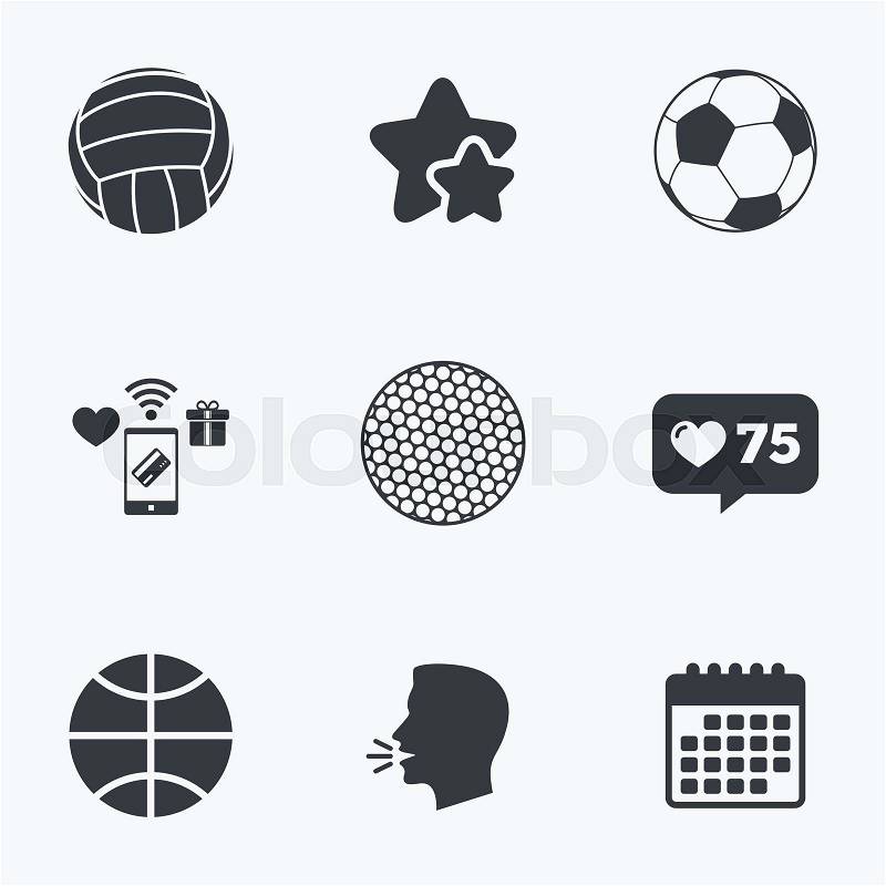 Sport balls icons. Volleyball, Basketball, Soccer and Golf signs. Team sport games. Flat talking head, calendar icons. Stars, like counter icons. Vector, vector