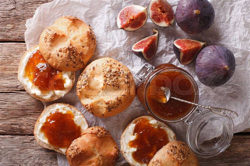 Rustic homemade fig jam sandwiches close-up. horizontal view from above , stock photo
