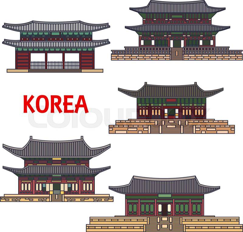 Historic temples of Korea. Vector detailed icons of Haeinsa, Gyeongbokgung, Gyeongbok palace, Namhansanseong, Changdeok, Changdeokgung, Bongeunsa. Korean showplaces symbols for souvenirs, postcards, t-shirts, cups, magnets, vector