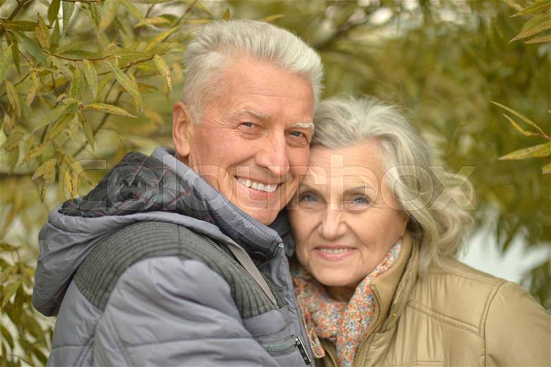 Portrait of a happy senior couple in autumn park, stock photo