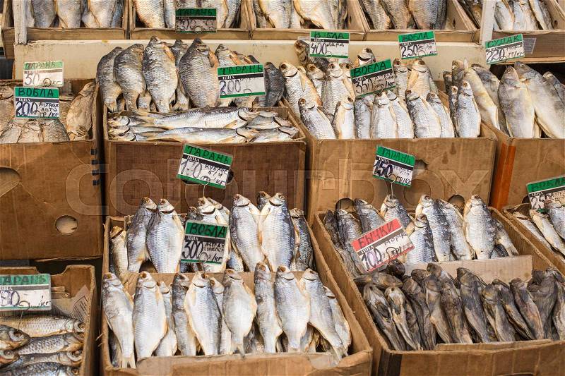 Dried salted fish at a farmers market in Odessa, Ukraine, stock photo