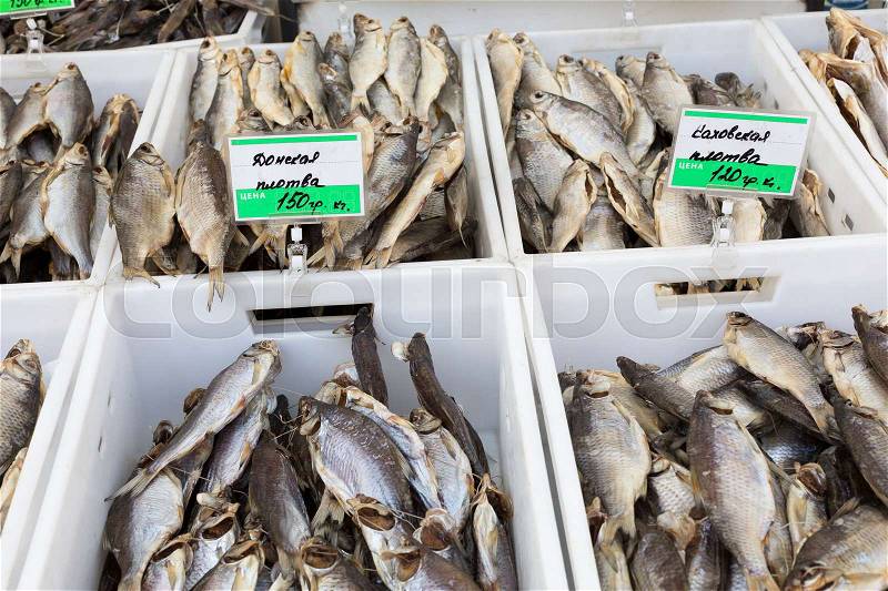 Dried salted fish at a farmers market in Odessa, Ukraine, stock photo