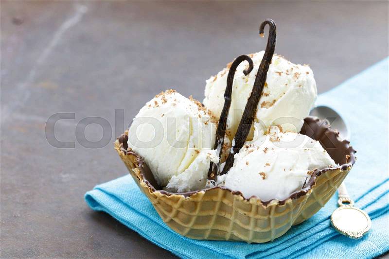 Homemade vanilla ice cream in a waffle cup, stock photo
