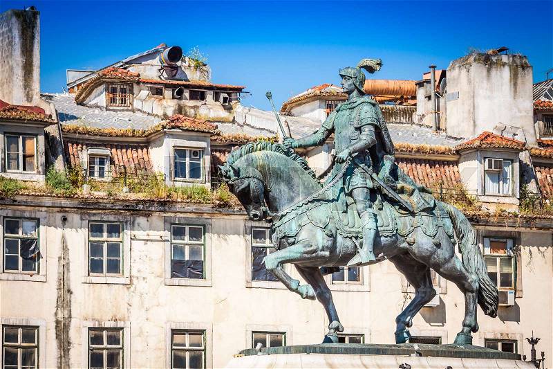 Lisbon, Portugal. Equestrian statue of King John I in the Praca da Figueira, Lisbon, stock photo