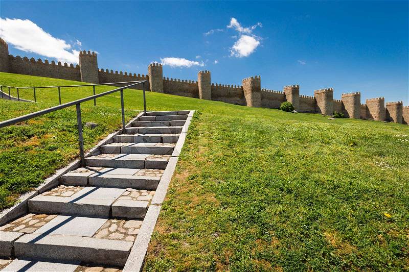 Scenic medieval city walls of Avila, Spain, UNESCO list, stock photo