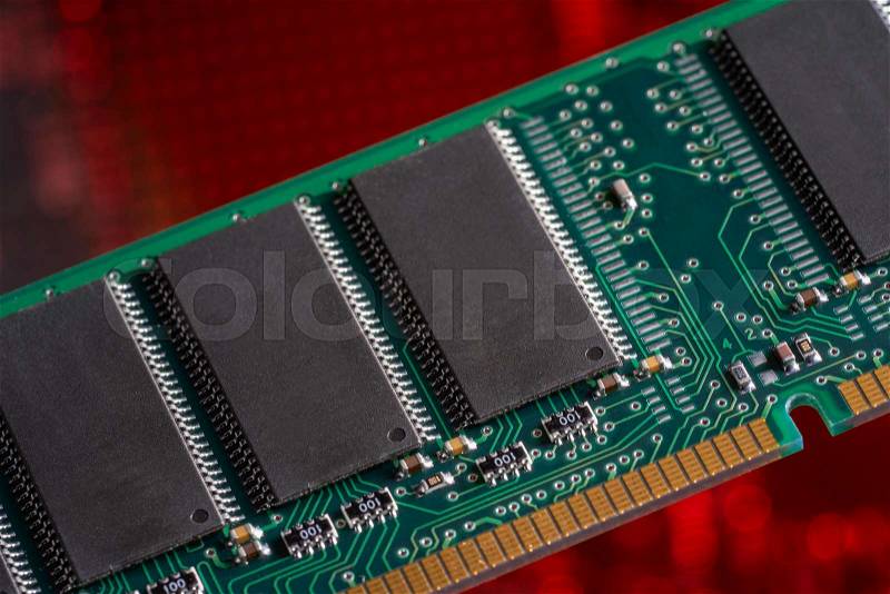 Computer memory closeup in red ambiance, stock photo