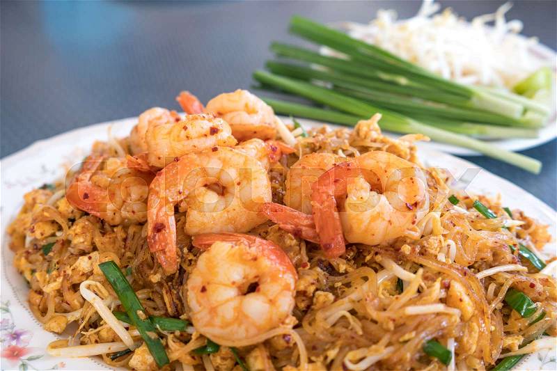 Thai fried noodles with shrimp, Thai food padthai, stock photo