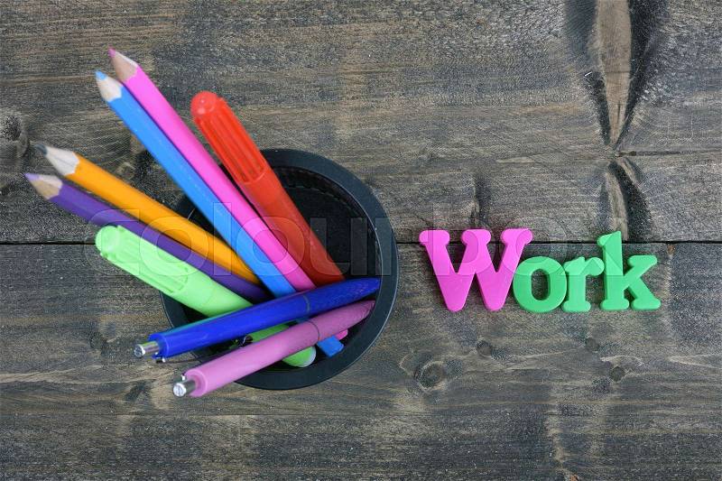 Work word on wooden table, stock photo