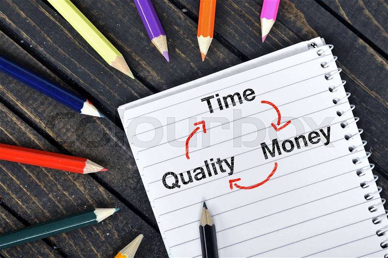 Time quality money text on notepad and colorful pencils, stock photo