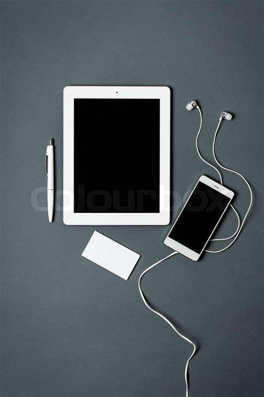 Mock-up business template with phone, tablet on gray background, stock photo