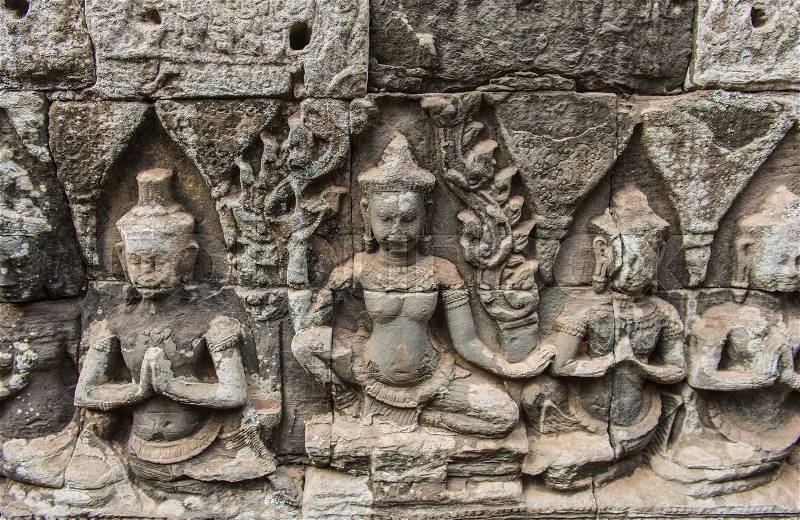 Bayon Castle or Prasat Bayon Khmer temple at Angkor in siem reap Cambodia, stock photo